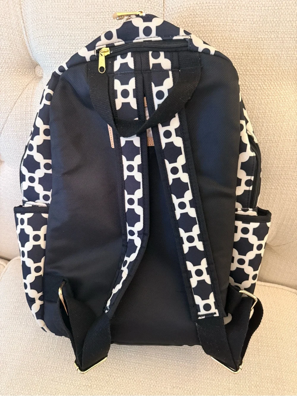 Spartina 449 Black and White Geometric Tennis Backpack with Gold Accents